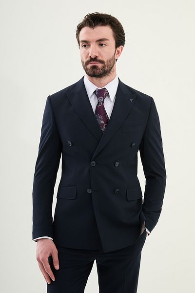 Mcr Straight Slim Fit Wide Collar Double Breasted Men's Suit Navy Blue - 45389.25Y