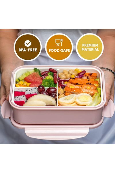 COOYA 3 Compartments Bento Boxes,1400 ML Leak Proof Bento Lunch Box with Spoon Fork and BPA Free（Pink）