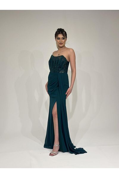 Kaleiçi Yıldızlar Emerald Green Rope Strap Front Tulle Stone Embroidered Evening Dress 5162
