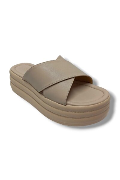 Efsun 3008-25 Δερμάτινες Ανατομικές Γυναικείες Παντόφλες με Σταυρωτό Τακούνι