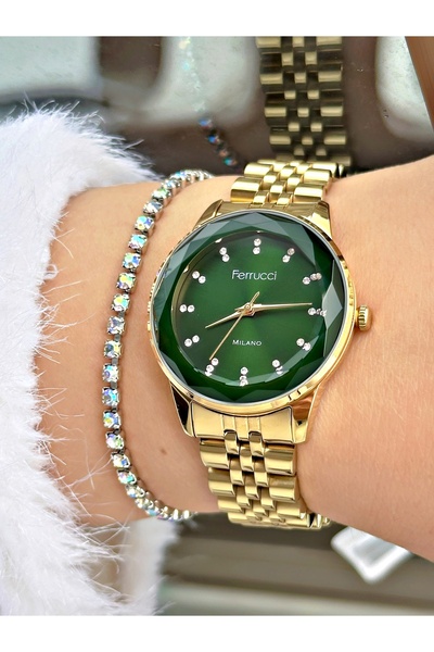 Ferrucci FERRUCCİ YEŞİL KADRANLI KESME CAMLI RAKAMLARI TAŞLI GOLD METAL KADIN KOL SAATİ