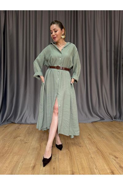 Size Özgü Çağla Green Belted Shirt Dress