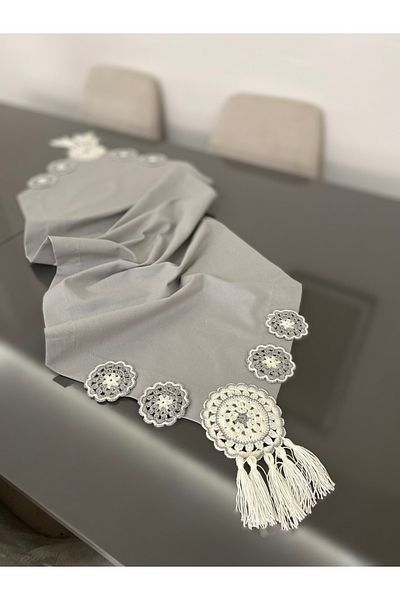 Parla Life Gray Duck Linen Hand Knitted Motif Runner 40X120 cm
