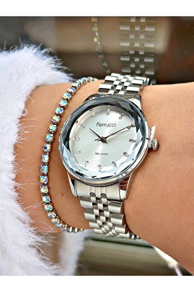 Ferrucci FERRUCCİ KESME CAMLI RAKAMLARI TAŞLI GÜMÜŞ  METAL KADIN KOL SAATİ