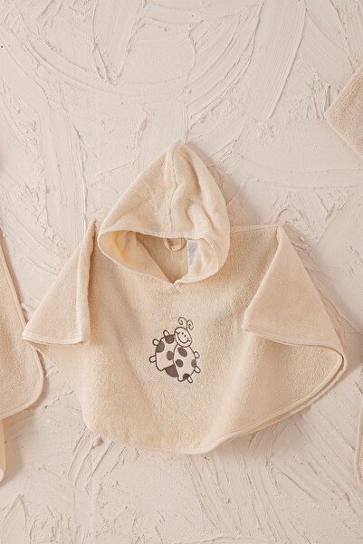 Ecocotton Lady Bug 4-Piece Baby Poncho Set 100% Organic Cotton Embroidered Ecru 0-1 Years