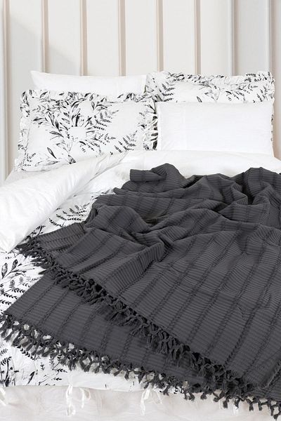 Ecocotton بطانية ريفا بيكيه مزدوجة 100% قطن عضوي جاكار أنثراسيت 220x240 سم