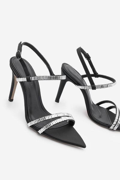 Marjin Women's Pointed Toe Rhinestone Ankle Strap Sandals, Black Satin