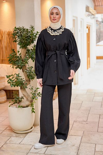 LOCCO Women's Pleated Detailed Belted Double Suit Black