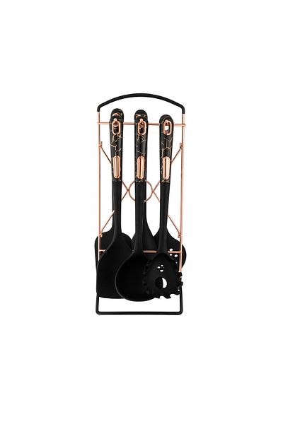 Dania 7-Piece Black and Gold Plastic Handle Silicone Serving Spoon Set with Stand