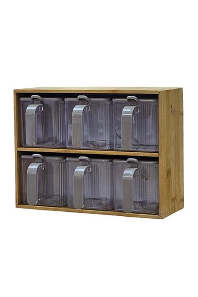 EVLE Set of 6 Spice Jars with Bamboo Stand, 13 Piece Practical Storage Container with Spoon