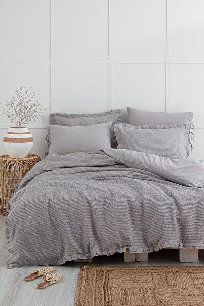 Ecocotton طقم غطاء لحاف كبير الحجم من Ayda 100% قطن عضوي منسوج رمادي 240x220 سم