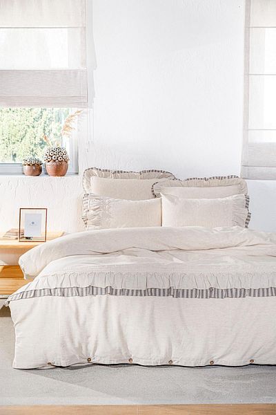 Ecocotton Dalya King Size Duvet Cover Set 100% Organic Cotton Linen Frilly Anthracite 240x220 Cm