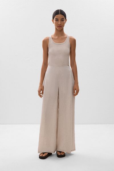 Oysho 100% linen wide-leg slit trousers