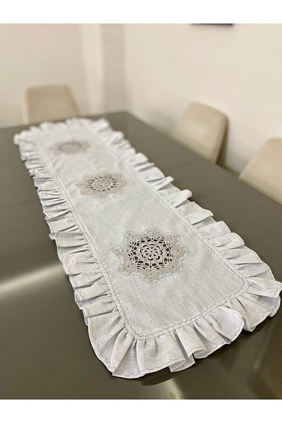 Parla Life Gray Glitter Gardenia Fabric Hand Knitted Motif Frilly Runner