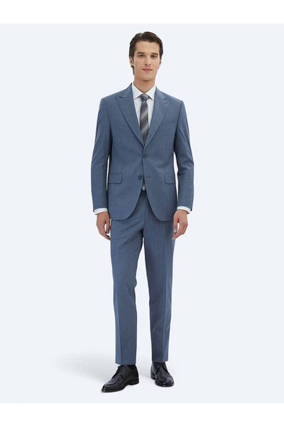 Kip Blue Striped Modern Fit Wool Blend Suit