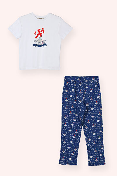 Panço Erkek Çocuk Kayık Desenli Lacivert Pijama Takım