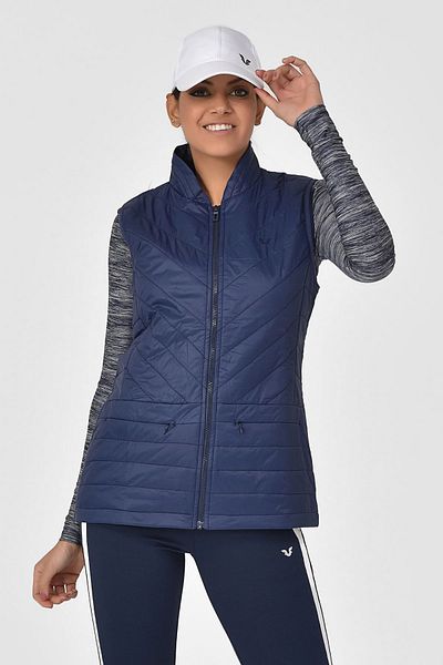 bilcee Women's Navy Blue Zero Sleeve Collared Windproof Three Seasons Vest 1267