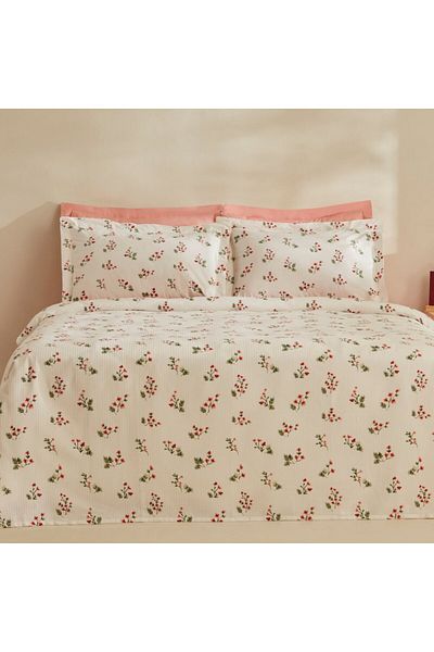 Karaca Silvie 100% Baumwolle Doppelbett-Tagesdecke Set, Rot