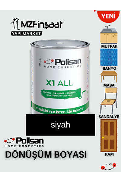 Polisan X1 All -Yeni Nesil Dönüşüm Boyası -Siyah -0,75Lt. -Dolap-fayans-cam-p...