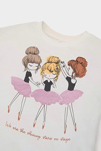 DeFacto E5563 Ecru Baby Girl Set of 2 Ballerina Printed Long Sleeve T-Shirt Elastic Waist Leggings