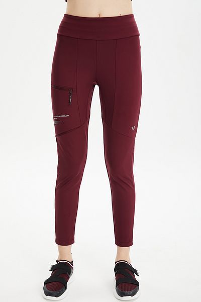 bilcee Pantaloni de damă din lycra cu talie înaltă, burgundă, cu buzunare segmentate, alergare în aer liber, sport, leggings casual 0674