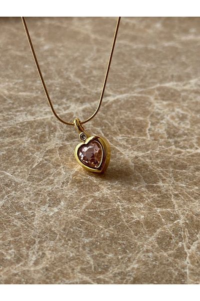 Reorah Collection Zircon Stone Steel Pink Heart Necklace