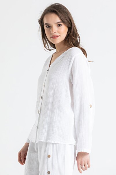 Eliş Şile Bezi Long Sleeve Pearl Summer Muslin Shirt White Byz
