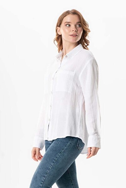 Eliş Şile Bezi Uzun Kol Burcu Cep Detaylı Müslin Yazlık Gömlek Beyaz Byz
