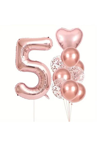 parti sürprizi مجموعة بالونات فويل عمرها 5 سنوات مع قلب ذهبي وردي