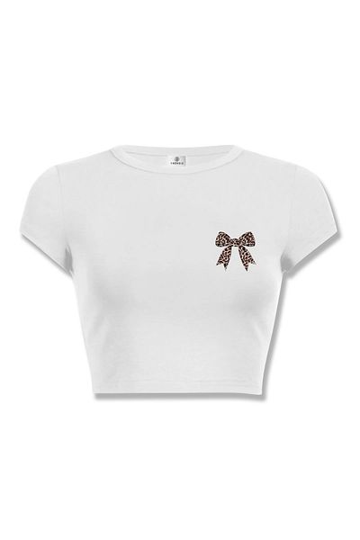Trendiz Leopard Ribbon Chest Crop, White and Women's