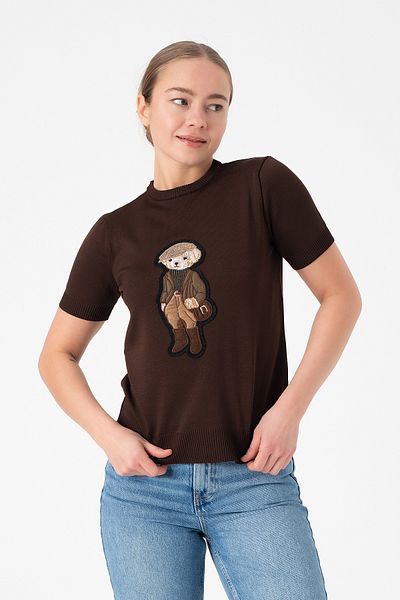 Merry Rise Γυναικείο αρκουδάκι Κεντημένο Crew Neck Καφέ