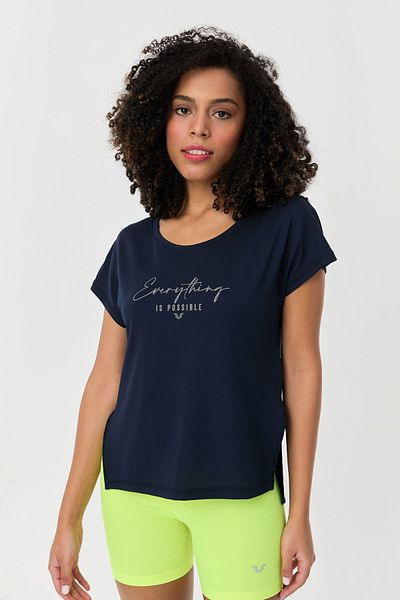 bilcee Γυναικείο μπλουζάκι Navy Blue - Crew Neck, Προσεγμένο, Κοντό μπροστινό μέρος, Μακρύ πίσω μέρος 9708