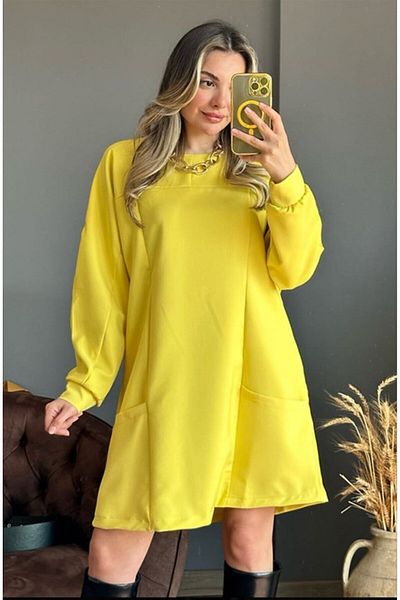 SHUGAA Oversize Design Double Crepe Comfortable Fit Dress with Women's Pocket Stitching Detail