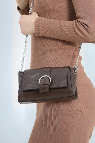 Catwins Γυναικεία τσάντα ώμου με αλυσίδα σε καφέ δερμάτινη όψη και λεπτομέρει...