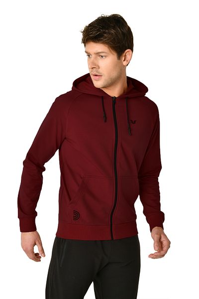 bilcee Men's Claret Red Hooded Kangaroo Pocket Zippered Sports Bottom Top Tracksuit Set 8241