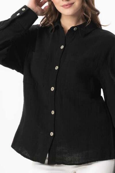 Eliş Şile Bezi Long Sleeve Sign Pocket Detailed Muslin Summer Shirt Black Syh