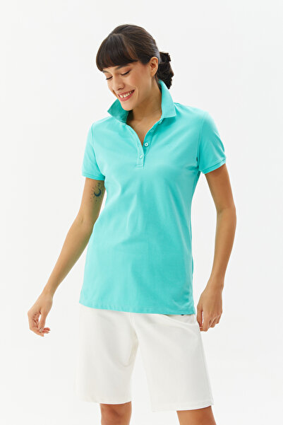 bilcee Γυναικείο βαμβακερό μπλουζάκι με κοντό μανίκι με γιακά πόλο με κουμπιά τιρκουάζ 8719