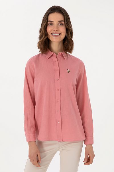 U.S. Polo Assn. Cămașă de bază cu mânecă lungă din amestec de in roz pentru femei 50298098-VR041
