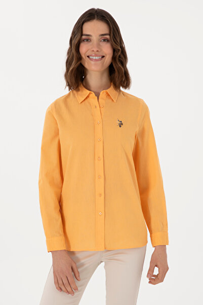 U.S. Polo Assn. Kadın Turuncu Keten Karışımlı Uzun Kollu Basic Gömlek 5029809...