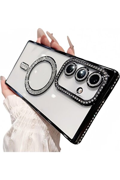 UnDePlus Samsung Galaxy S25 Kılıf Simli Magsafe Kamera Kenar Taşlı Kapak