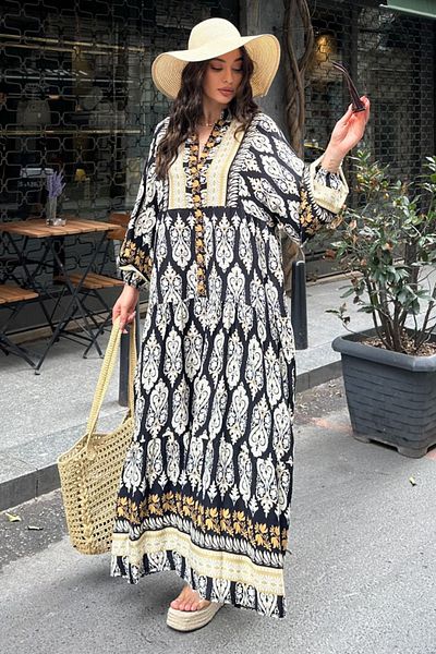 AYASOFYA OTANTIK Women's Black Buttoned Placket Collar Ethnic Patterned Balloon Sleeve Loose Long Dress