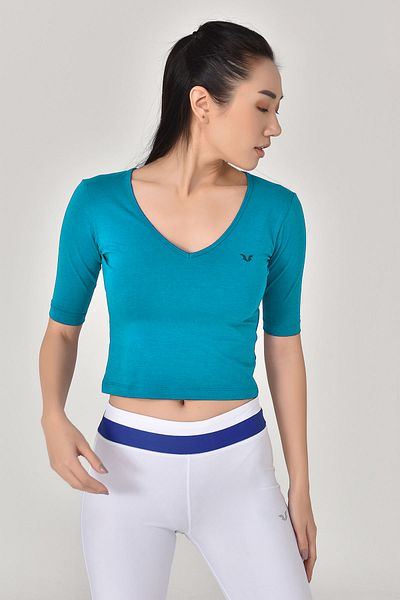 bilcee Tricou sport yoga din bumbac, albastru, cu decolteu în V, cu jumătate de mânecă, 8105