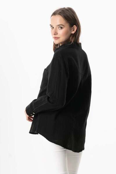 Eliş Şile Bezi Long Sleeve Sign Pocket Detailed Muslin Summer Shirt Black Syh