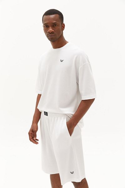 bilcee Ανδρικό λευκό μαλακό ανάγλυφο Owersize Crew Neck Sports T-Shirt Σορτς 0690