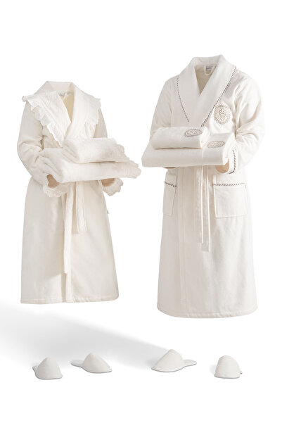 Ecocotton Elsa Aile Bornoz Seti %100 Organik Pamuk Nakışlı Krem/krem - M/l