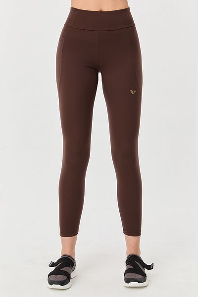 bilcee Colanți sport pentru femei, maro, cu talie înaltă, din lycra, cu buzunare, 9726