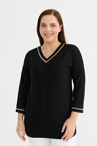 Selen Giyim Büyük Beden Uzun Kol Simli Ribanalı Penye Bluz