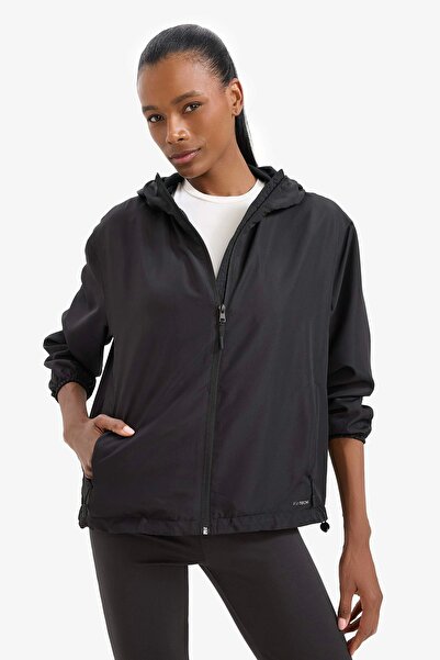 DeFacto D6086 Μαύρο DeFactoFit Αδιάβροχο K με κουκούλα με φερμουάρ ελαστική υφή M ελαφρύ Ανοιξιάτικο παλτό