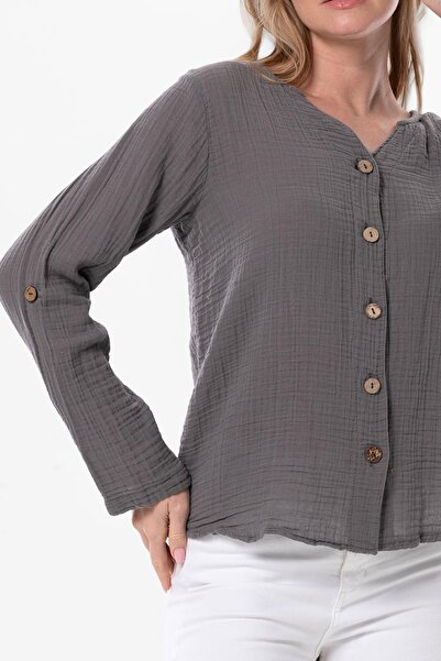 Eliş Şile Bezi Μακρυμάνικο Mother of Pearl Summer Muslin πουκάμισο Γκρι Γκρι