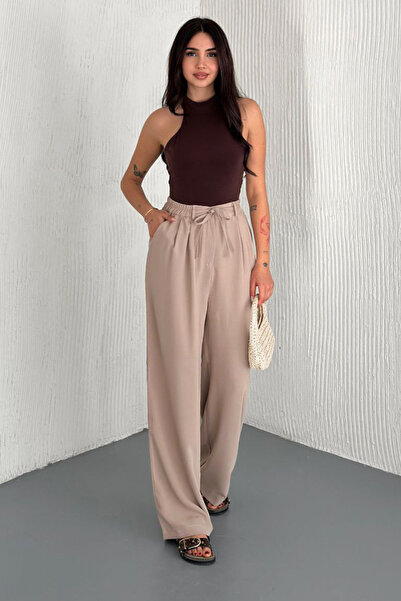 Swana Beige Women's Dubai Front Lace-Up Trousers